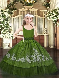 Sweet Olive Green Girls Pageant Dresses Party and Quinceanera with Beading and Appliques Scoop Sleeveless Zipper
