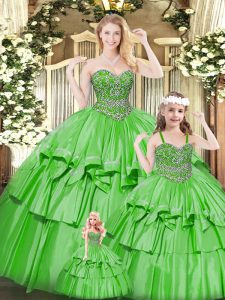 Classical Green Sweet 16 Dress Military Ball and Sweet 16 and Quinceanera with Beading and Ruffled Layers Sweetheart Sleeveless Lace Up