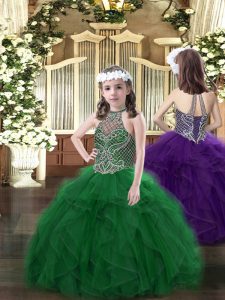 Dark Green Lace Up Halter Top Beading and Ruffles Little Girls Pageant Dress Wholesale Organza Sleeveless