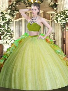 Beading and Ruffles Quinceanera Dresses Olive Green Backless Sleeveless Floor Length