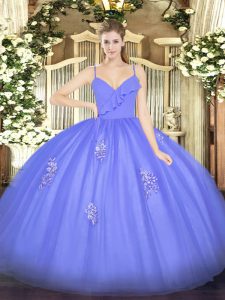 Admirable Sleeveless Tulle Floor Length Zipper Sweet 16 Dresses in Blue with Appliques