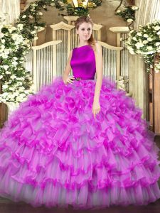 Elegant Ruffled Layers Quinceanera Gown Fuchsia Clasp Handle Sleeveless Floor Length