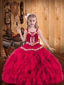 Stunning Straps Sleeveless Evening Gowns Floor Length Embroidery and Ruffles Coral Red Organza