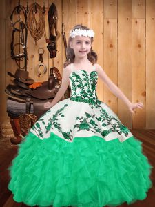 Floor Length Lace Up Winning Pageant Gowns Turquoise for Party and Sweet 16 and Quinceanera and Wedding Party with Embroidery and Ruffles