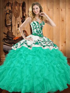 Custom Design Turquoise Sweetheart Neckline Embroidery and Ruffles Quinceanera Dresses Sleeveless Lace Up