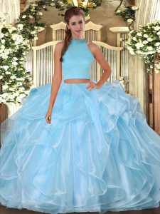 Light Blue Organza Backless Halter Top Sleeveless Floor Length 15th Birthday Dress Beading and Ruffles