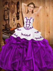 Sleeveless Satin and Organza Floor Length Lace Up Sweet 16 Dress in Eggplant Purple with Embroidery and Ruffles