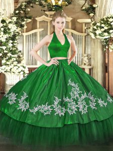 Floor Length Zipper Vestidos de Quinceanera Green for Military Ball and Sweet 16 and Quinceanera with Appliques
