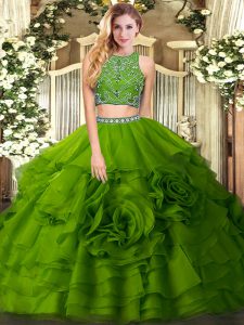 Olive Green Tulle Zipper 15th Birthday Dress Sleeveless Floor Length Beading and Ruffled Layers