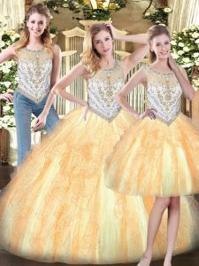 Gold Scoop Zipper Beading and Ruffles 15 Quinceanera Dress Sleeveless