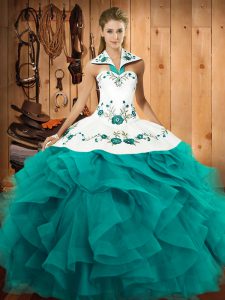 Custom Design Floor Length Lace Up 15 Quinceanera Dress Teal for Military Ball and Sweet 16 and Quinceanera with Embroidery and Ruffles