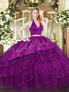 Edgy Fuchsia Sleeveless Floor Length Embroidery and Ruffled Layers Zipper Ball Gown Prom Dress