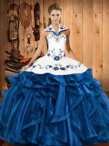 Unique Blue Satin and Organza Lace Up Vestidos de Quinceanera Sleeveless Floor Length Embroidery and Ruffles