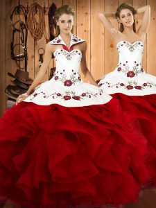 Cute Floor Length Wine Red Sweet 16 Dress Halter Top Sleeveless Lace Up
