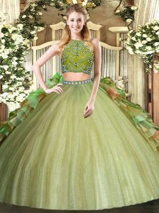 Beautiful Olive Green Sleeveless Floor Length Beading and Ruffles Zipper Sweet 16 Dress