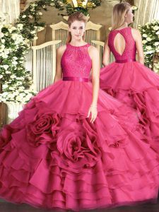 Unique Floor Length Ball Gowns Sleeveless Hot Pink Vestidos de Quinceanera Zipper