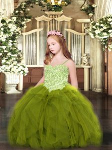 Enchanting Olive Green Ball Gowns Spaghetti Straps Sleeveless Tulle Floor Length Lace Up Appliques and Ruffles Pageant Gowns