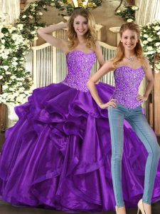 Eggplant Purple Tulle Lace Up Sweetheart Sleeveless Floor Length Sweet 16 Dresses Beading and Ruffles