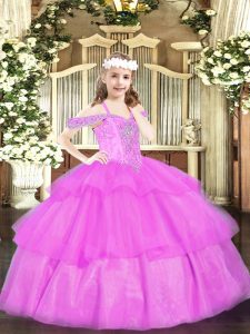 Lilac Sleeveless Floor Length Beading and Ruffled Layers Lace Up Pageant Dress for Girls