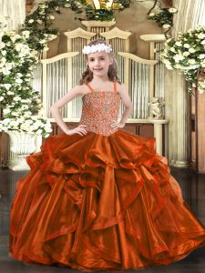Beading and Embroidery and Ruffles Little Girls Pageant Dress Wholesale Rust Red Lace Up Sleeveless Floor Length