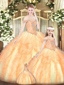 Pretty Tulle Off The Shoulder Sleeveless Lace Up Beading and Ruffles Sweet 16 Quinceanera Dress in Champagne