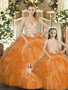 Orange Red Straps Lace Up Beading and Ruffles Sweet 16 Dresses Sleeveless