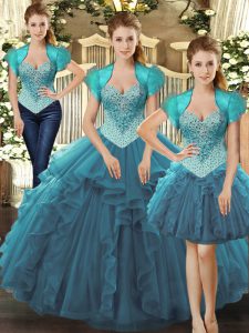 Teal Ball Gowns Beading and Ruffles Sweet 16 Dresses Lace Up Tulle Sleeveless Floor Length