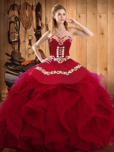 Fashionable Burgundy Lace Up Quinceanera Dress Embroidery and Ruffles Sleeveless Floor Length