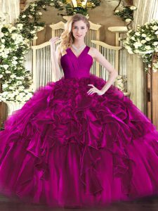 Excellent Floor Length Ball Gowns Sleeveless Fuchsia Quince Ball Gowns Zipper