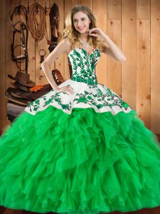 Stylish Sleeveless Satin and Organza Floor Length Lace Up Ball Gown Prom Dress in Green with Embroidery and Ruffles