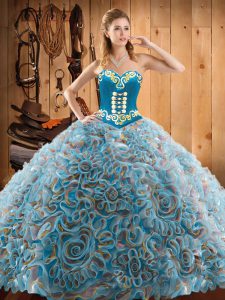 Multi-color Satin and Fabric With Rolling Flowers Lace Up Ball Gown Prom Dress Sleeveless With Train Sweep Train Embroidery