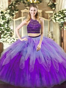 Multi-color Tulle Lace Up Quince Ball Gowns Sleeveless Floor Length Beading and Ruffles