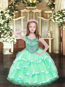 New Style Scoop Sleeveless Evening Gowns Floor Length Beading and Ruffled Layers Apple Green Organza