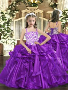 Sweet Eggplant Purple Ball Gowns Organza Straps Sleeveless Beading and Ruffles Floor Length Lace Up Pageant Dresses
