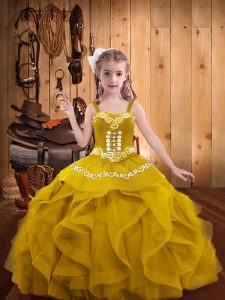 Sleeveless Floor Length Embroidery and Ruffles Lace Up Little Girls Pageant Dress with Gold