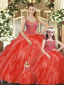 Red Sleeveless Organza Lace Up 15th Birthday Dress for Military Ball and Sweet 16 and Quinceanera