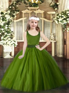 Exquisite Scoop Sleeveless Zipper Little Girls Pageant Dress Wholesale Olive Green Tulle