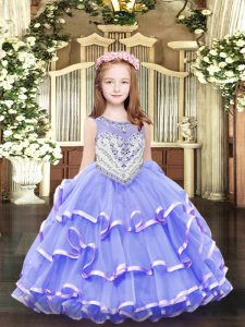 Lavender Ball Gowns Organza Scoop Sleeveless Beading and Ruffled Layers Floor Length Zipper Kids Formal Wear