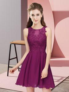 Edgy Chiffon Scoop Sleeveless Zipper Appliques Quinceanera Dama Dress in Dark Purple