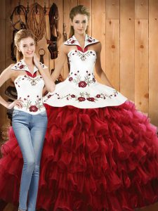 Superior Embroidery and Ruffled Layers Quinceanera Dress Red Lace Up Sleeveless Floor Length