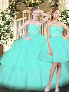 Trendy Aqua Blue 15 Quinceanera Dress Military Ball and Sweet 16 and Quinceanera with Ruching Sweetheart Sleeveless Lace Up