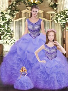 Lavender Organza Lace Up Scoop Sleeveless Floor Length Quinceanera Dresses Beading and Ruffles