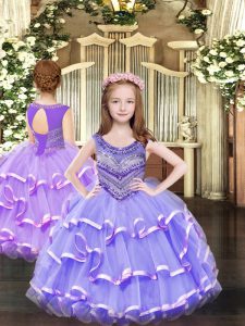 Nice Lavender Sleeveless Organza Lace Up Kids Pageant Dress for Party and Quinceanera