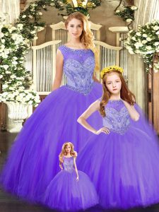 Wonderful Scoop Sleeveless Tulle Ball Gown Prom Dress Beading Lace Up