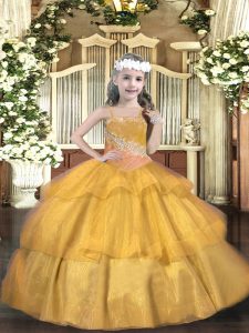 Lovely Beading and Ruffled Layers and Sequins Glitz Pageant Dress Gold Lace Up Sleeveless Floor Length