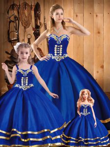 Blue Ball Gowns Sweetheart Sleeveless Tulle Floor Length Lace Up Embroidery Ball Gown Prom Dress