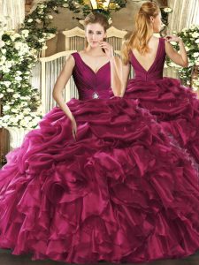 Elegant Floor Length Burgundy Quinceanera Gowns V-neck Sleeveless Backless