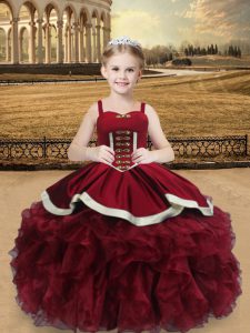 Custom Made Wine Red Ball Gowns Organza Straps Sleeveless Beading and Ruffles Floor Length Lace Up High School Pageant Dress
