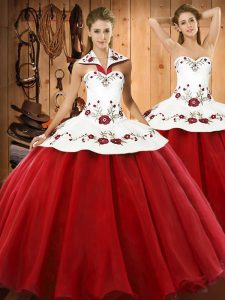 Dramatic Wine Red Sleeveless Floor Length Embroidery Lace Up Vestidos de Quinceanera