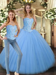 Fantastic Baby Blue Tulle Lace Up Vestidos de Quinceanera Sleeveless Floor Length Beading